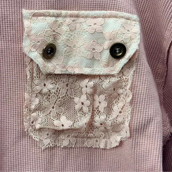 POL Patchwork Lace Dusty Pink Button Up Shirt Top Floral Oversized Boho Size S - Picture 9 of 13